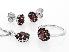 4.75ctw Round Vermelho Garnet™ Rhodium Over Silver Ring, Earrings And Pendant With 18"Singapore Chain set. Ring Measures Approximately 0.43"L x 0.42"W. Not sizeable. Earrings Measures Approximately 0.36"L x 0.36"W. Push backings. Pendant Measures Approximately 0.70"L x 0.43"W. 2.5mm Bail. Lobster clasp with 2"extender. Pendant With Chain, Set Ring, Red Garnet, Ring Earrings, Lobster Clasp, Garnet, Silver Ring, Singapore, Silver Rings