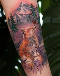 Fox & butterfly forearm piece by Deborah Genchi, founder and owner at Debrart Tattoos in Bari, Italy. Fox Tattoo Ideas, Fox Butterfly, Best Tattoo Ideas For Men, Zelda Tattoo, Colorful Tattoos, Girl Arm Tattoos, Hand Tattoos For Girls