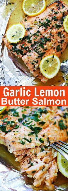 two pictures of salmon and lemons on foil