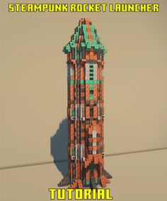 an orange and green building with the words steampunk rocket launcher on it