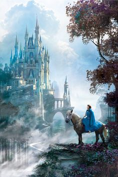 a man riding on the back of a horse next to a castle in the sky