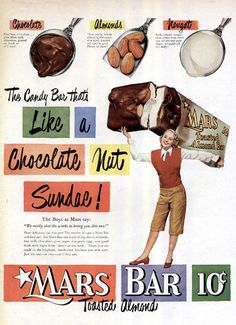 an advertisement for mars bar with chocolates and almonds on the side, including a woman carrying a bag of nuts