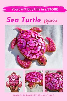 Four images of hot pink and bronze resin sea turtle whose back is embellished with hand placed crushed seashells. Sea Turtles, Swimmers, Abalone Shell, Beach Vibe