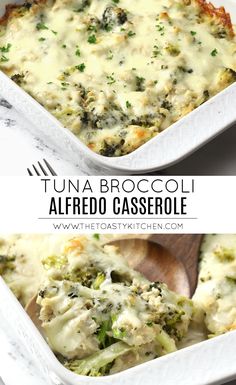 a casserole dish filled with broccoli and cheese