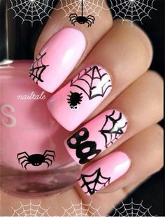 30 Spider and Web Manicure Nail Ideas for Halloween… Nail Halloween, Halloween Nail Art Easy, Halloween City, Black Halloween Nails, Pink Nail Art Designs, Costumes College, Halloween Nails Easy, Cute Halloween Nails