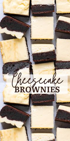 chocolate and white cheesecake brownies stacked on top of each other with text overlay