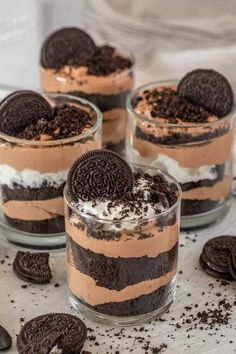 oreo cookies and cream trifle dessert in glasses