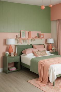 a bedroom decorated in pastel colors with pink and green accents