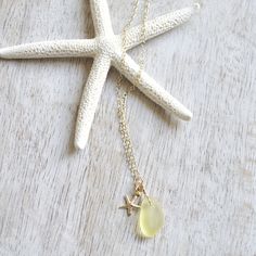 "This lovely cultured sea glass pendant & starfish necklace is ideal for the beachy gal. It comes in your choice of a light sea foam green, a brighter autumn green or a soft lemon yellow. You can select from either a gold filled chain with gold starfish or sterling silver chain with sterling starfish Comes in 16\" or 18\" lengths. **Sea glass comes in assorted shapes and sizes and are randomly picked. Please see photo of shapes for each color** Starfish is 8x8mm in size Sea glass sizes are 8 Dainty Starfish Necklace For Beach, Beachy Starfish Necklace For Gift, Beachy Starfish Necklace Gift, Autumn Green, Starfish Necklace, Sea Glass Pendant, Sea Glass Necklace, Glass Pendant Necklace, Lemon Yellow