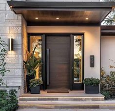 the front entrance to a modern home with potted plants and lights on either side