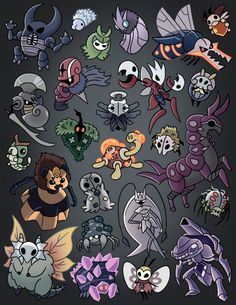 an assortment of cartoon characters on a black background