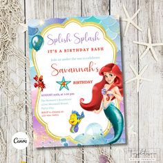 the little mermaid birthday party is set up on a wooden table with starfish and balloons