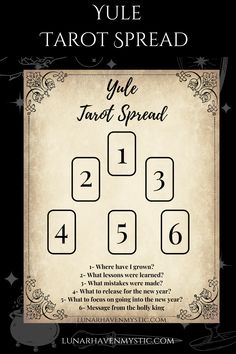 the yule tarot spread is shown with numbers and symbols for each card in it