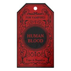 a red and black label that says for vampires human blood on the front side