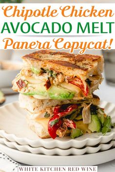 a grilled chicken avocado melt panera on a white plate with text overlay