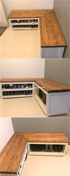 three pictures of the inside of a kitchen cabinet with drawers and shelves on each side