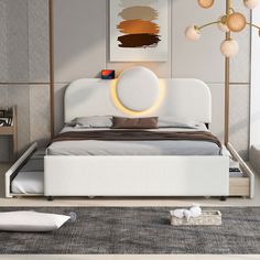 Queen Size Upholstered Platform Bed with Multi-functional Headboard, Trundle and 2 Drawers Room At Night, Led Headboard, Functional Headboard, Queen Size Platform Bed, Tree Species, Twin Bunk Beds, Trundle Bed, Platform Bed Frame, Upholstered Platform Bed