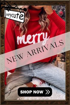 Red Merry Letter Embroidered High Neck Sweater Bat Sleeve, High Neck Sweater, Winter Sweaters, Ladies Tops Fashion, Neck Sweater, Christmas Sweaters, Bat, High Neck, Fall Winter