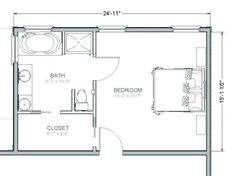 the floor plan for a bedroom and bathroom in one room, with an attached closet