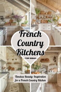 the french country kitchen has white cabinets and wood flooring, with text overlay that reads