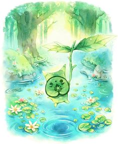 a green cat floating in the water with lily pads