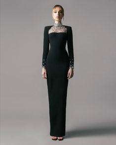 Jean Louis Sabaji | This elegant mermaid evening gown crafted in soft crepe featuring a gemstone embellished neckline with long sleeves, perfect for any special occasions. Black Gown Elegant, Long Black Gown, Jean Louis Sabaji, 1920s Wedding Dress, Print Scarf Design, Mermaid Evening Gown, Crepe Gown, Prom Dress Inspiration