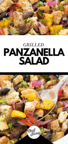 grilled panzanella salad in a white bowl with a serving spoon