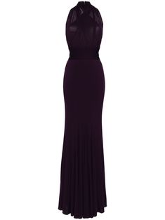 dark purple stretch-design V-neck rear button fastening rear zip fastening open-back setting sleeveless flared skirt floor-length curved hem Formal Floor-length Elastane Gown, Formal Floor-length Gown, Formal Sleeveless Evening Dress In Elastane, Elegant Elastane Maxi Dress For Prom, Elegant Purple Maxi Evening Dress, Elegant Purple Floor-length Maxi Dress, Purple Sleeveless Evening Maxi Dress, Sleeveless Purple Maxi Dress For Evening, Formal Purple Maxi Length Evening Dress