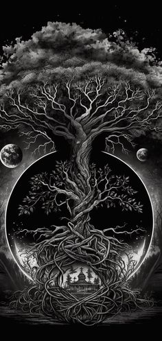 a black and white drawing of a tree with its roots in the air, surrounded by planets