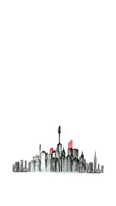 an artistic drawing of a city skyline with red lights and skyscrapers in the background