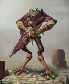 a painting of a frog dressed in armor and holding his hands on his hips while standing next to a barrel