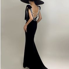 Black Velvet Gown With Pearl Dec. Never Worn. Black Velvet Dress With Pearls, Elegant Black Evening Dress With Sweep Train, Elegant Backless Evening Dress For Banquet, Black Backless Evening Dress For Formal Occasions, Black Backless Formal Evening Dress, Formal Black Backless Evening Dress, Backless Black Formal Evening Dress, Elegant Black Backless Gown, Elegant Backless Banquet Gown