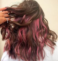 Peekaboo Pink Highlights In Brown Hair, Brown Hair Pink Peekaboo, Brunette With Pink Peekaboo, Light Brown Hair With Pink Underneath, Fun Dyed Hair For Brunettes, Subtle Pink Highlights Brunette, Pink Hair Underneath Brown, Light Pink Peekaboo Hair, Pink Hair Dye On Brown Hair