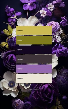 the color scheme is purple and yellow with white flowers on it, as well as dark background