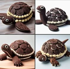 there are four pictures of chocolate tortoise shells and turtle cookies on the table