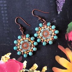 Beaded Flower Earrings Small Handmade Dainty Floral Jewelry Gift for Her - Etsy Copper Beaded Earrings With Round Beads, Artisan Copper Beaded Earrings As Gift, Artisan Copper Beaded Earrings For Gift, Handmade Copper Round Bead Earrings, Bohemian Copper Beaded Earrings With Round Beads, Copper Beaded Round Earrings, Bohemian Copper Beaded Earrings, Bohemian Beaded Earrings With Copper Wire, Copper Beaded Earrings With Round Beads As Gift