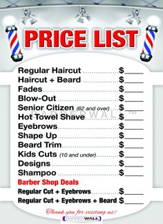 PRICES MAY VARY. Printed on High Quality Poster Paper With a Great Hd Crystal Resolution Barber Shop Price List already laminated for durability and fade prevention. Write On / Wipe Off barber shop price list. This Barber Shop Poster is printed on a high quality poster paper. We shipped rolled in a tube for no damage. Barber poster dimensions: 24 x 36 Inches. Already laminated for durability and fade prevention. This price list for barber shop will make your shop Pop. You will love it. Barbershop Price List, Barber Shop Price List, Barber Poster, Barber Station, Salon Price List, Barbershop Design, Barber Shop Decor, Barber Haircut, Barber Tools