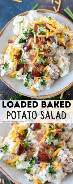 loaded baked potato salad with bacon, cheese and lettuce on two white plates