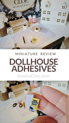 the miniature dollhouse adhesives are being held up