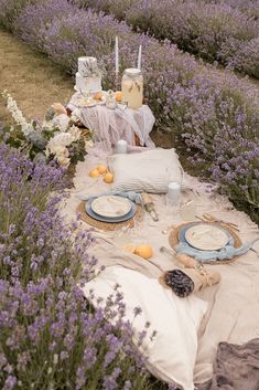 an outdoor picnic with lavender and lemons in the background, including plates on a blanket