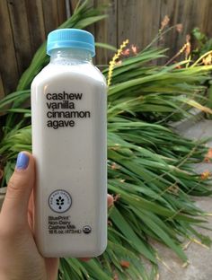 a hand holding a bottle of milk in front of some plants and grass with the words cashew vanilla on it