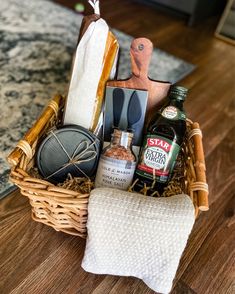 a basket filled with different items on top of a wooden floor