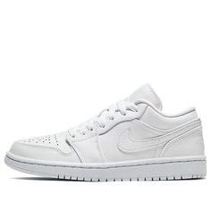 This Air Jordan 1 Low "Triple White" is built completely from smooth leather and has three hits of tonal branding – a Jumpman on the tongue, a Swoosh on the sidewall, and a Wings logo on the heel. Overlays are crafted with textural tumbling all across, even along with the swoosh. (AJ1/SNKR/Retro/Low Top/Women's/Basketball/Pure White) Jordan 1 Low Triple White, Air Jordan 1 Low White, Wmns Air Jordan 1, Vapour Max Nike, Jordan Low, Nike Sacai, White Basketball Shoes, Low Air Jordan 1, Womens Air Jordans