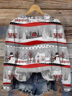 Multicolor Long Sleeve Christmas Tops, Multicolor Tops For Holiday Fall Season, Multicolor Tops For Fall Holiday, Multicolor Tops For Holiday In Fall, Winter Long Sleeve Patchwork Blouse, Winter Red Printed Tops, Red Printed Tops For Winter, Round Neck Long Sleeve Top, Snow Scenes