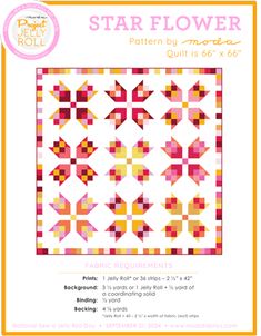 the star flower quilt pattern is shown in pink, yellow and white colors with an orange border