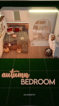 an aerial view of a living room and bedroom in the same house with autumn decorations on the floor