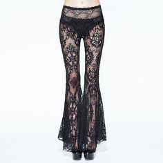 Material:Nylon 30%,Cotton 70% 
Features:slim-fitting/softer/good elastic/sheer 
Color:Black 
Size:XS-3XL 
Description:Complete your Gothic look with these ravishing all lace trousers. The slim fit pants faithfully follow the countours of your legs and hips before flaring at the knees in a wide flare. The stretch pants are comfortable and show ample amount of skin. Wear them over tights or shorts or for that bold look just as it is. 
Sku:EPT004 Lace Flare Pants, Mode Grunge Hipster, Rock Style Outfits, Sheer Leggings, Rock Style Clothing, Outfits Edgy, Mode Hippie, Black Pants Men, Lace Pants