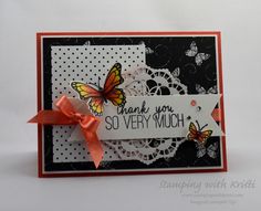 a handmade thank you card with butterflies and polka dots on the front, which reads so very much