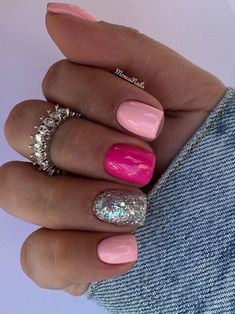 two tone short pink nails with silver glitter Valentine Nail Colors 2024, Pink Short Nail Inspiration, New Year Pink Nails, New Years Nails Pink Sparkle, Professional Valentines Nails, January Pink Nails, February Dipped Nails Ideas, Nails For Receptionist, Sns Valentine Nails