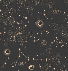 an image of stars and planets in the night sky with gold foil on black background